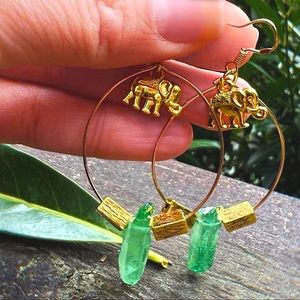 Handcrafted Elephants Walk Green Crystal Quartz Hoop Earrings